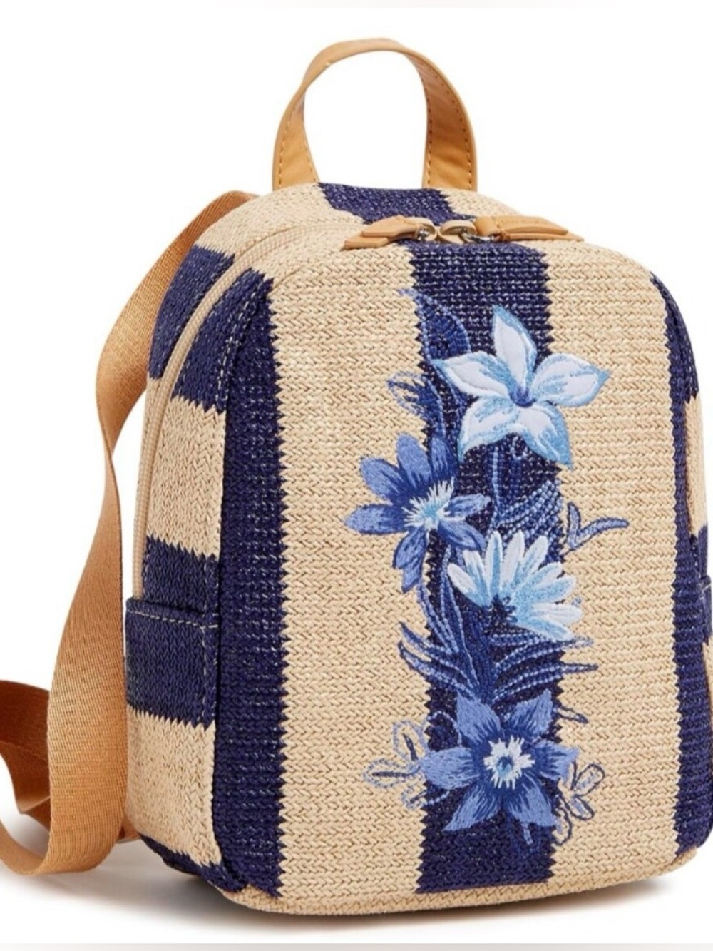 Vera Bradley Mini Straw Backpack, Navy Stripe Straw Floral $85